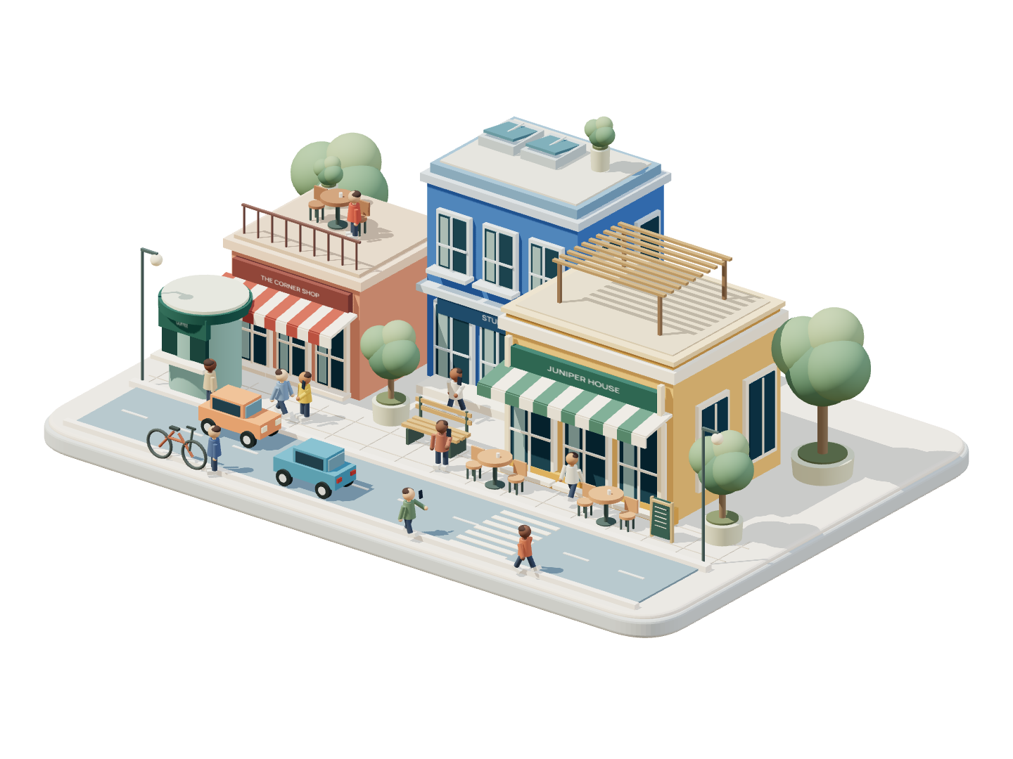 An original miniature neighborhood with a restaurant, studio, corner shop and coffee kiosk, plus trees, outdoor tables, a bicycle, and people walking and using their phones.